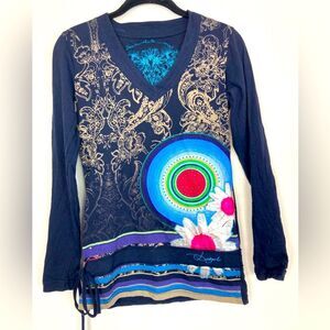 Desigual Navy and Mixed Patterned Long Sleeve Top includes velvet bling daisy